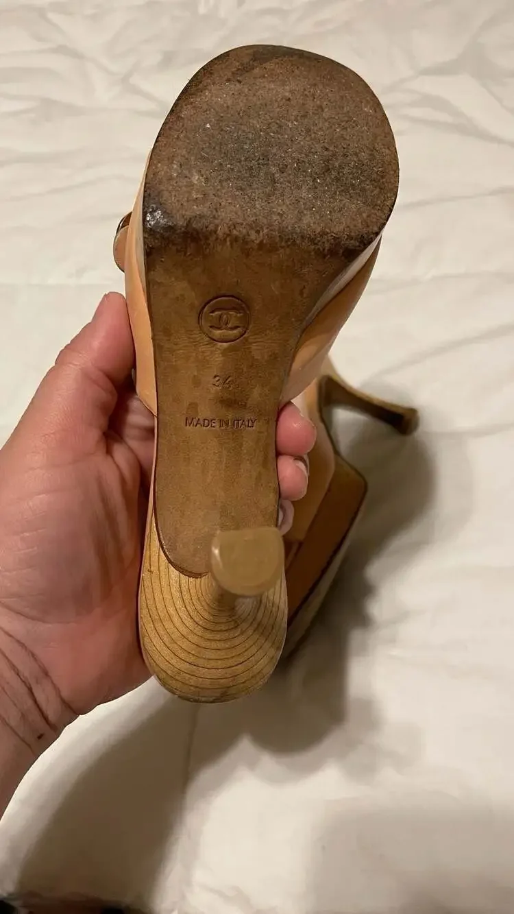 Chanel Vintage Wooden Platform Mule Heels in Beige Leather with CC Buckle Detail